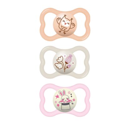 Picture of MAM Air Night & Day Baby Pacifier, for Sensitive Skin, Glows in The Dark, 3 Pack, 6-16 Months, Girl