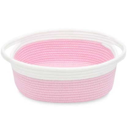 Picture of ABenkle Small Basket, 12"x 8" x 5" Cute Small Woven Basket, Rope Room Shelf Storage Basket, Cat Dog Toys Basket Chest Box, Decorative Empty Gift Basket with Handles - Pink
