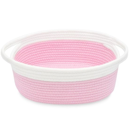 Picture of ABenkle Small Basket, 12"x 8" x 5" Cute Small Woven Basket, Rope Room Shelf Storage Basket, Cat Dog Toys Basket Chest Box, Decorative Empty Gift Basket with Handles - Pink