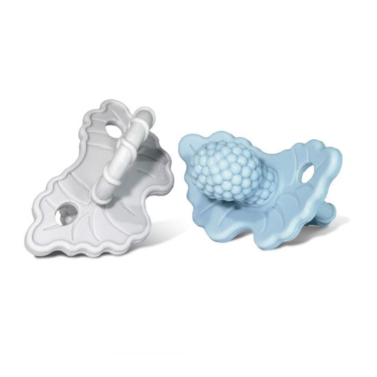 Picture of RaZbaby RaZberry Silicone Teether Pacifier - Teething Relief for Infants, Food-Grade, BPA-Free, Hands-Free, Natural Berrybumps Fruit Texture for Sensory Development, Freezable, 2-Pack - Blue & Grey