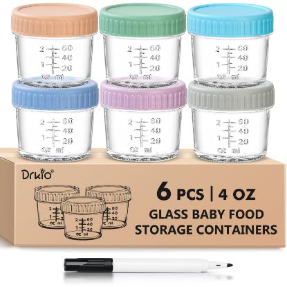 Picture of DRKIO 6 Pack Glass Baby Food Storage Containers - 4 Oz Baby Food Jars with Lids Baby Food Maker Microwave Dishwasher Freezer Safe 100% Leak Proof BPA Free Reusable