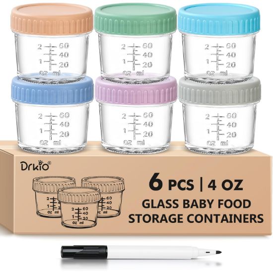 Picture of DRKIO 6 Pack Glass Baby Food Storage Containers - 4 Oz Baby Food Jars with Lids Baby Food Maker Microwave Dishwasher Freezer Safe 100% Leak Proof BPA Free Reusable