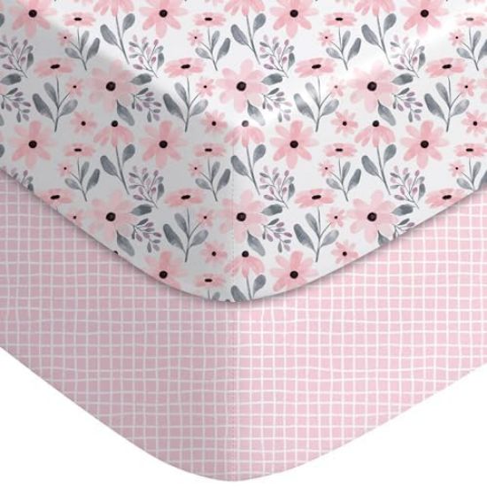 Picture of Yoofoss Pack and Play Sheets Fitted, Mini Crib Sheets 2-Pack for Pack N Play Mattress, Stretchy Playard Sheet, Soft and Breathable Pink Flower