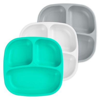 Picture of Re-Play Made in USA 7" Deep Walled Divided Plates for Kids, Set of 3 - Reusable 3 Compartment Plates, Dishwasher and Microwave Safe - 7.37" x 7.37" x 1.25", Modern Aqua