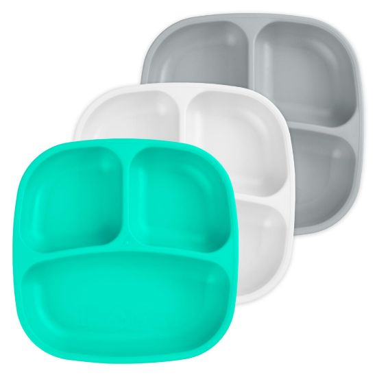 Picture of Re-Play Made in USA 7" Deep Walled Divided Plates for Kids, Set of 3 - Reusable 3 Compartment Plates, Dishwasher and Microwave Safe - 7.37" x 7.37" x 1.25", Modern Aqua