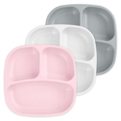 Picture of Re-Play Made in USA 7" Deep Walled Divided Plates for Kids, Set of 3 - Reusable 3 Compartment Plates, Dishwasher and Microwave Safe - 7.37" x 7.37" x 1.25", Modern Pink