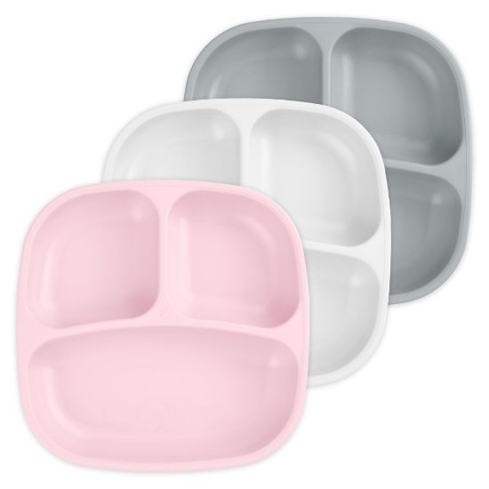 Picture of Re-Play Made in USA 7" Deep Walled Divided Plates for Kids, Set of 3 - Reusable 3 Compartment Plates, Dishwasher and Microwave Safe - 7.37" x 7.37" x 1.25", Modern Pink