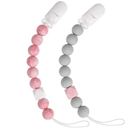 Picture of Pacifier Clip TYRY.HU Soothie Binkie Holder Silicone Teething Beads Teether Clips for Girls, 2 Pack (Grey, Marble Pink)