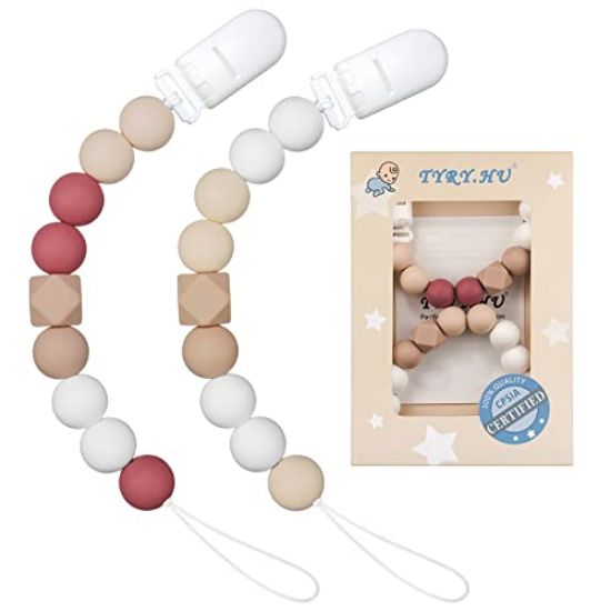 Picture of Pacifier Clip for Baby Boys Girls Silicone Paci Holder Teething Relief Beads Teether Toy Soothie Binky Clips Holder Chewbeads Birthday Christmas Set of 2 (Beige, Brick Red)