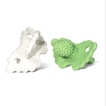 Picture of RaZbaby RaZberry Silicone Teether Pacifier - Teething Relief for Infants, Food-Grade, BPA-Free, Hands-Free, Natural Berrybumps Fruit Texture for Sensory Development, Freezable, 2-Pack - Green & White