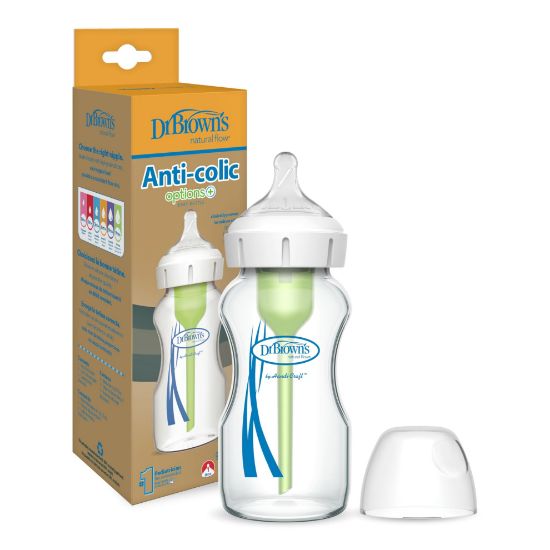 Picture of Dr. Brown's Natural Flow Anti-Colic Options+ Wide-Neck Glass Baby Bottle 9 oz/270 mL,with Level 1 Slow Flow Nipple,1 Pack,0m+