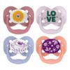 Picture of Dr. Brown's Advantage Glow-in-the-Dark Baby Pacifier, Fully Symmetrical Soother with Soft Silicone Bulb, Lavender Love-Coral Ocean, 0-6m, BPA Free, 4 Pack