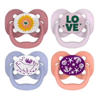 Picture of Dr. Brown's Advantage Glow-in-the-Dark Baby Pacifier, Fully Symmetrical Soother with Soft Silicone Bulb, Lavender Love-Coral Ocean, 0-6m, BPA Free, 4 Pack