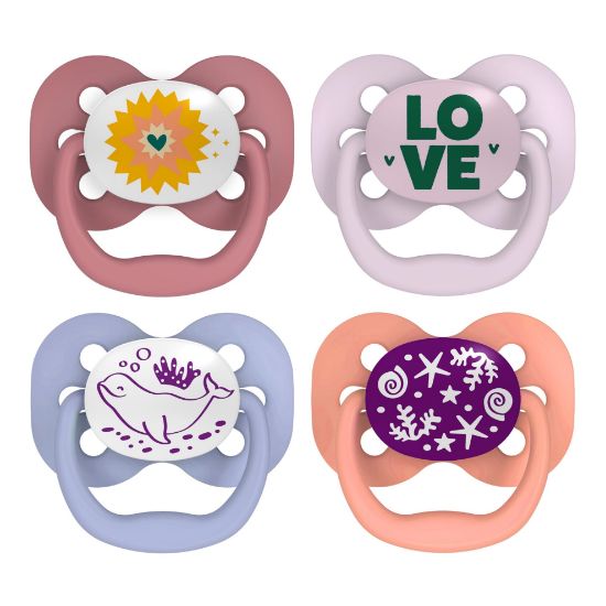 Picture of Dr. Brown's Advantage Glow-in-the-Dark Baby Pacifier, Fully Symmetrical Soother with Soft Silicone Bulb, Lavender Love-Coral Ocean, 0-6m, BPA Free, 4 Pack