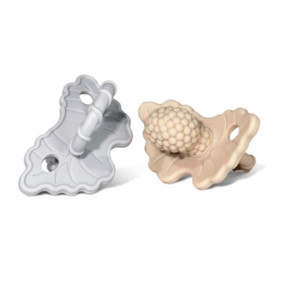 Picture of RaZbaby RaZberry Silicone Teether Pacifier - Teething Relief for Infants, Food-Grade, BPA-Free, Hands-Free, Natural Berrybumps Fruit Texture for Sensory Development, Freezable, 2-Pack - Tan & Grey