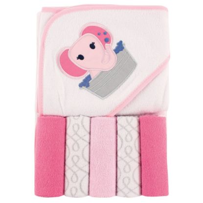 Picture of Luvable Friends Unisex Baby Hooded Towel with Five Washcloths, Pink Elephant, One Size