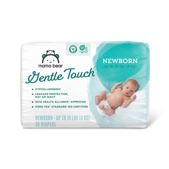 Picture of Amazon Brand - Mama Bear Gentle Touch Diapers, Hypoallergenic, Newborn, 30 Count, White