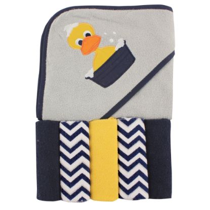 Picture of Luvable Friends Unisex Baby Hooded Towel with Five Washcloths,cotton,polyester, Duck, One Size