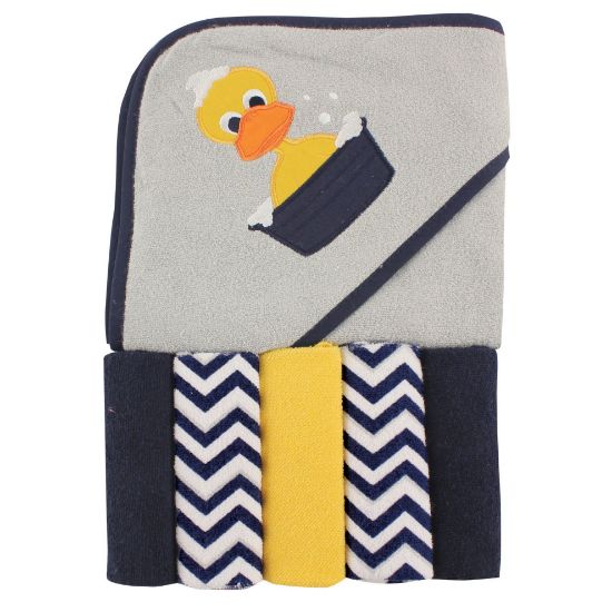 Picture of Luvable Friends Unisex Baby Hooded Towel with Five Washcloths,cotton,polyester, Duck, One Size