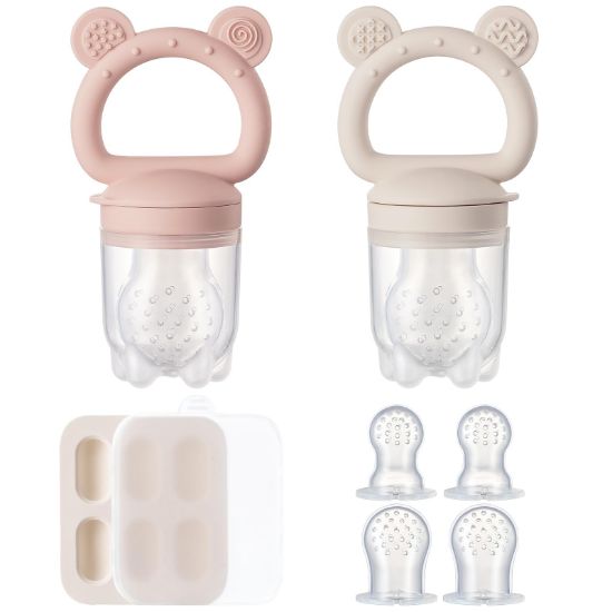 Picture of 2 Pack Silicone Baby Fruit Feeder with Mini Freezer Tray, Breastmilk Popsicle Molds for Baby Teething Relief, Baby Teethers, Fresh Food Feeder for Safe Infant Self Feeding, Extra Food Pouches - Pink