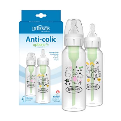 Picture of Dr. Brown's Natural Flow Anti-Colic Options+ Narrow Baby Bottle, Squirrel & Goat, 8 oz/250 mL, with Level 1 Slow Flow Nipple, BPA Free, 0m+, 2-Pack