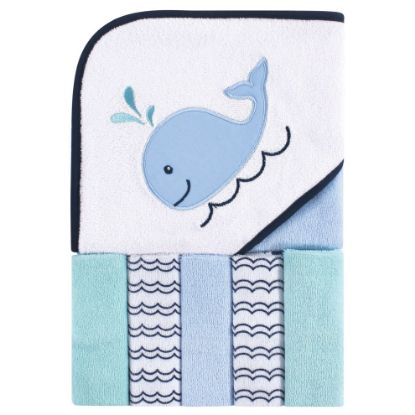 Picture of Luvable Friends Unisex Baby Hooded Towel with Five Washcloths, Cotton, Boy Whale, One Size