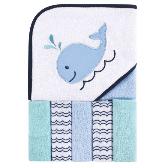 Picture of Luvable Friends Unisex Baby Hooded Towel with Five Washcloths, Cotton, Boy Whale, One Size