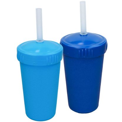 Picture of Re-Play Made in USA 2 Pack Straw Cups for Toddlers, 10 Oz. - Reusable Kids Cups with Straws and Lids, Dishwasher/Microwave Safe - Toddler Cups with Straws 3.13" x 5.5", Navy Blue/Sky Blue