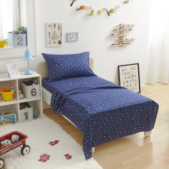 Picture of Amazon Basics Kid's Soft Easy-Wash Lightweight Microfiber 3-Piece Sheet Set, Toddler, Navy Galaxy