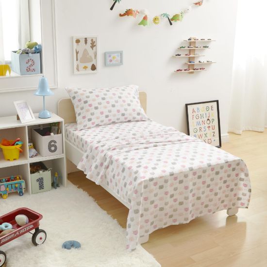 Picture of Amazon Basics Kid's Soft Easy-Wash Lightweight Microfiber 3-Piece Sheet Set, Toddler, Pink Kitties