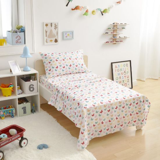 Picture of Amazon Basics Kid's Soft Easy-Wash Lightweight Microfiber 3-Piece Sheet Set, Toddler, Multi Colour, Butterflies