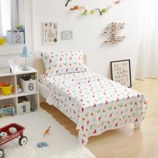 Picture of Amazon Basics Kid's Soft Easy-Wash Lightweight Microfiber 3-Piece Sheet Set, Toddler, Multi Color, Dinosaurs