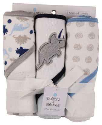 Picture of Cudlie Buttons and Stitches Baby Boys 3 Pack Infant Hooded Towel, Triceratops Prints (GS71365)