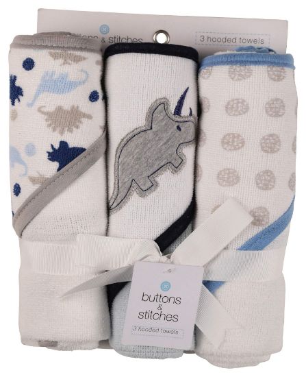 Picture of Cudlie Buttons and Stitches Baby Boys 3 Pack Infant Hooded Towel, Triceratops Prints (GS71365)