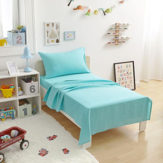 Picture of Amazon Basics Kid's Soft Easy-Wash Lightweight Microfiber 3-Piece Sheet Set, Toddler, Bright Aqua, Solid