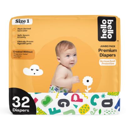Picture of Hello Bello Premium Baby Diapers Size 1, 32 Count of Disposable, Extra-Absorbent, Hypoallergenic Baby Diapers with Snug and Comfort Fit, Alphabet Soup