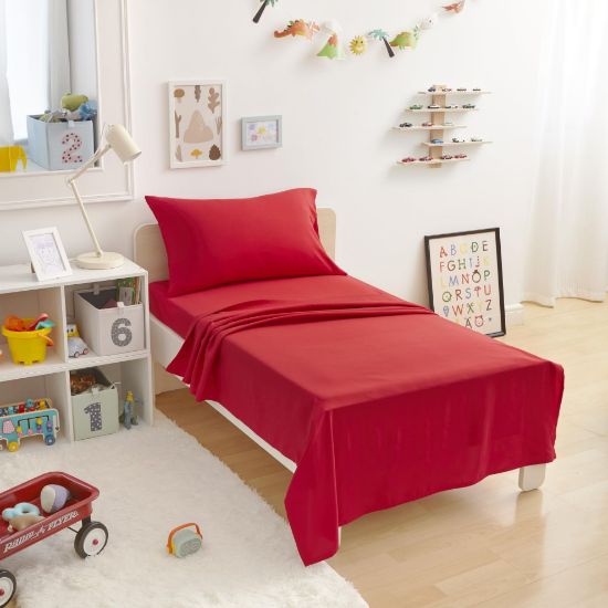 Picture of Amazon Basics Kid's Soft Easy-Wash Lightweight Microfiber 3-Piece Sheet Set, Toddler, Red, Solid