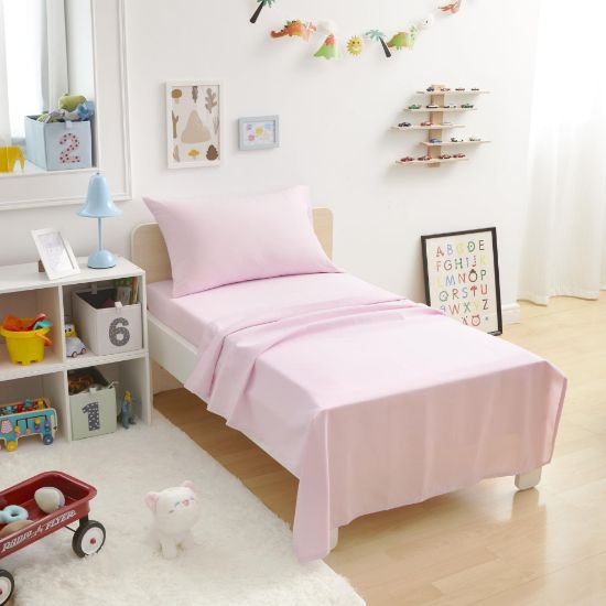 Picture of Amazon Basics Kid's Soft Easy-Wash Lightweight Microfiber 3-Piece Sheet Set, Toddler, Light Pink, Solid