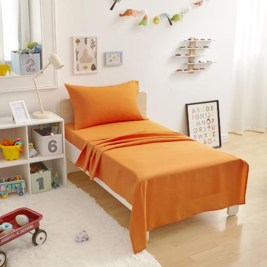 Picture of Amazon Basics Kid's Soft Easy-Wash Lightweight Microfiber 3-Piece Sheet Set, Toddler, Bright Orange, Solid