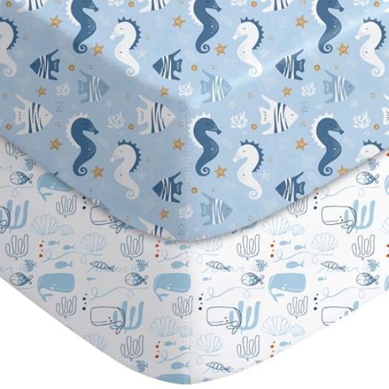 Picture of Yoofoss Pack and Play Sheets Fitted, Mini Crib Sheets 2-Pack for Pack N Play Mattress, Stretchy Playard Sheet, Soft and Breathable Submarine World