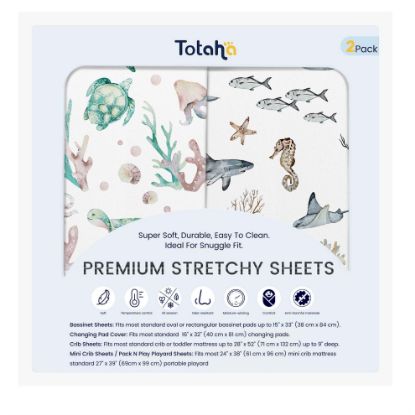 Picture of TotAha Premium Soft Bassinet Sheet for Boy Girl, Super Stretchy Jersey Knit Bassinet Fitted Sheet, Compatible with Halo, Maxi COSI, Mika Micky, SNOO, and Other Bassinet, 2 Pack (Sea Animal)