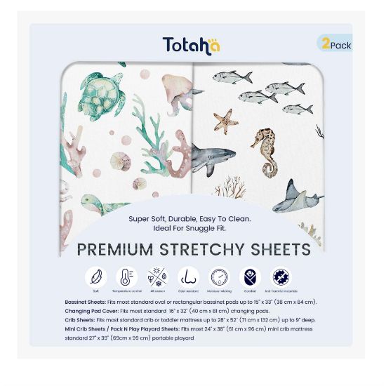 Picture of TotAha Premium Soft Bassinet Sheet for Boy Girl, Super Stretchy Jersey Knit Bassinet Fitted Sheet, Compatible with Halo, Maxi COSI, Mika Micky, SNOO, and Other Bassinet, 2 Pack (Sea Animal)