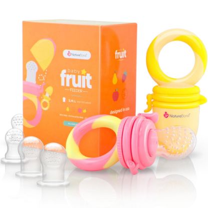 Picture of NatureBond Baby Food Feeder/Fruit Feeder Pacifier Nibbler (2 Pack) - Infant Teething Toy Teether Weaning in Appetizing Colors | + Additional Silicone Sacs