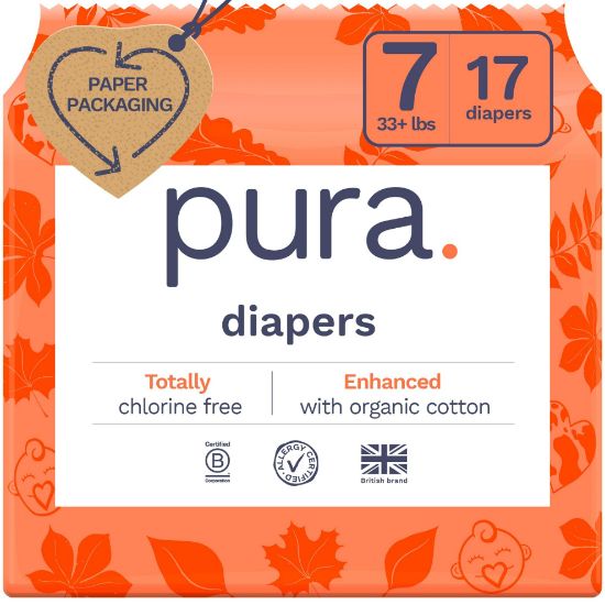 Picture of Pura Size 7 Eco-Friendly Diapers (33+lbs) Totally Chlorine Free (TCF) Hypoallergenic, Soft Organic Cotton Comfort, Sustainable, up to 12 Hours Leak Protection, Allergy UK,1 Pack of 17 Diapers