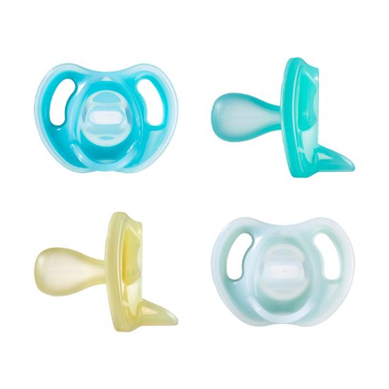Picture of Tommee Tippee Ultra-Light Silicone Pacifier, 6-18 Months, Symmetrical One-Piece Design, BPA-Free Silicone Binkies, Blue/Green/Yellow, Pack of 4