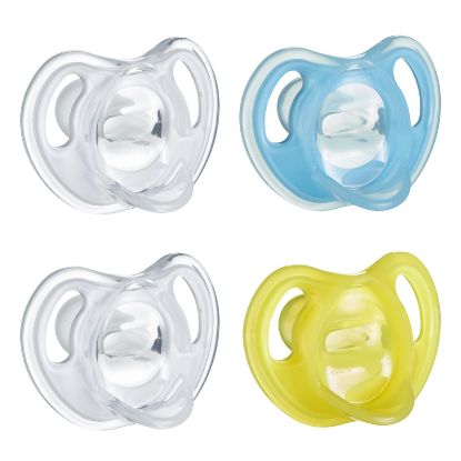 Picture of Tommee Tippee Ultra-Light Silicone Pacifier, 6-18 Months, Symmetrical One-Piece Design, BPA-Free Silicone Binkies, Clear/Blue/Yellow, Pack of 4