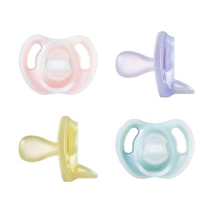 Picture of Tommee Tippee Ultra-Light Silicone Pacifier, 6-18 Months, Symmetrical One-Piece Design, BPA-Free Silicone Binkies, Pink/Violet/Yellow, Pack of 4