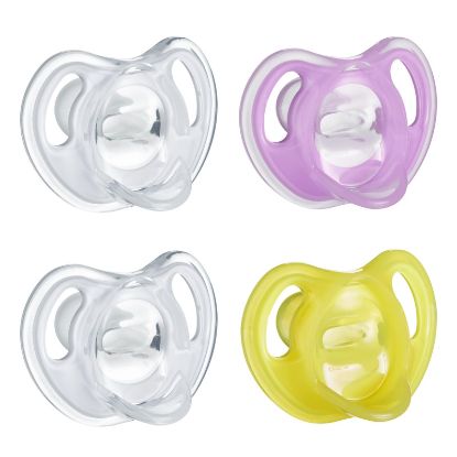 Picture of Tommee Tippee Ultra-Light Silicone Pacifier, 6-18 Months, Symmetrical One-Piece Design, BPA-Free Silicone Binkies, Clear/Pink/Yellow, Pack of 4