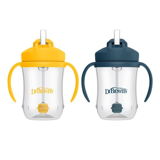 Picture of Dr. Brown's Milestones, Baby's First Straw Cup Sippy Cup with Straw, 6m+, 9oz/270ml, 2 Pack, Dark Blue & Vintage Yellow, BPA Free