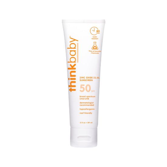 Picture of Thinkbaby SPF 50+ Baby Mineral Sunscreen - Safe, Natural Sunblock for Babies - Water Resistant Sun Cream - Broad Spectrum UVA/UVB Sun Protection - Vegan Baby Sunscreen Lotion, 3 Oz.